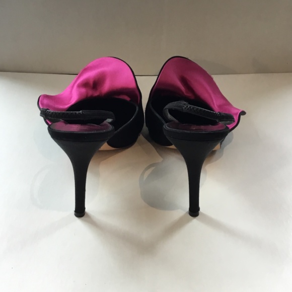 Kate Spade Fuschia and Black Satin sling back evening shoe. Size 10 Heel is 4". - Picture 3 of 5